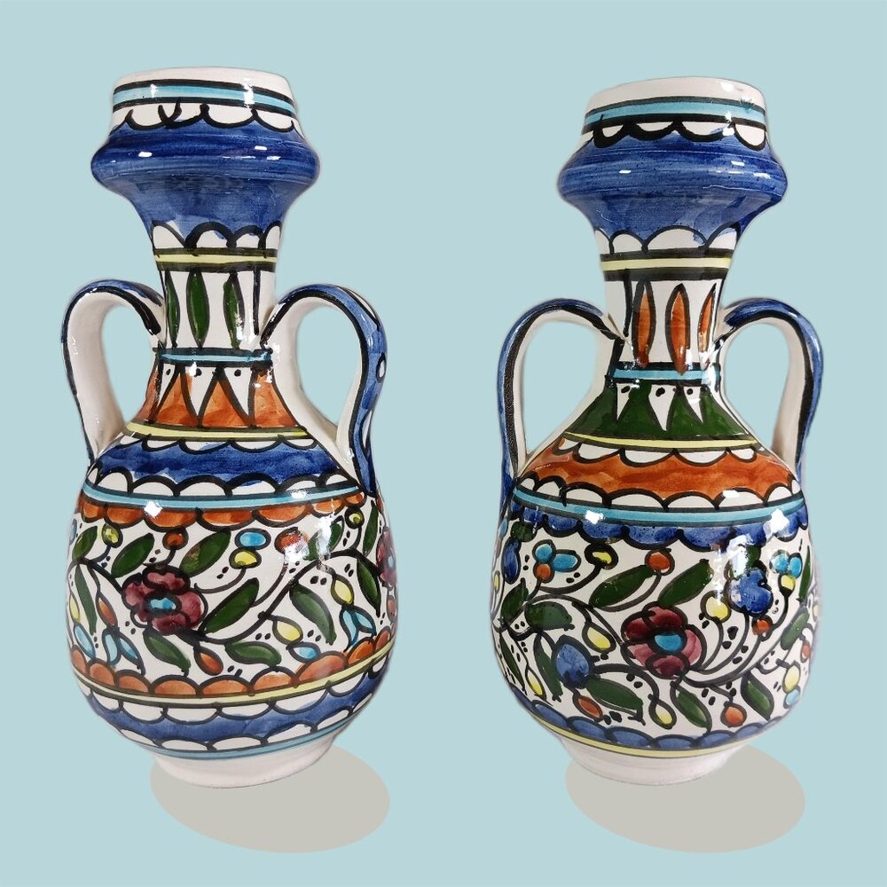 Armenian Ceramic Vases Hand Painted Floral Motif 8"